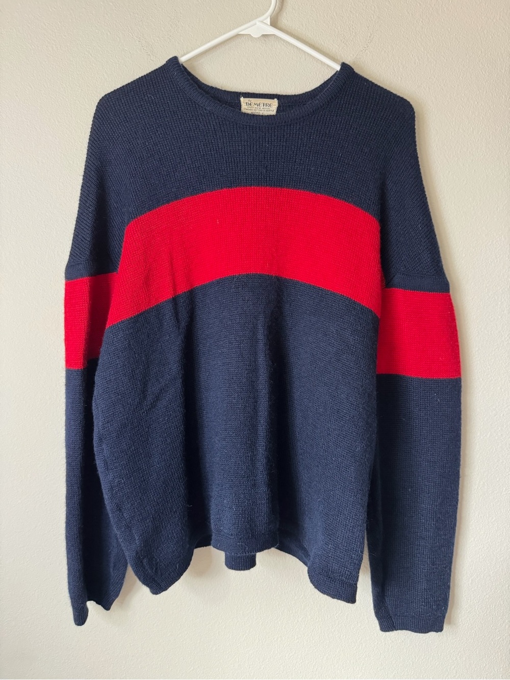Vintage Demetre Seattle 100%‎ Wool Sweater Mens Large Navy Red Color Block USA